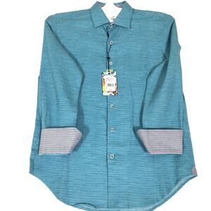 Robert Graham Contrast Flip Cuff Mens Linen Long Sleeve Shirt Size S Turquoise